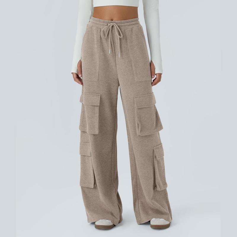 Halara Ribbed Mid Rise Drawstring Multiple Pockets Wide Leg Cargo Casual Pants