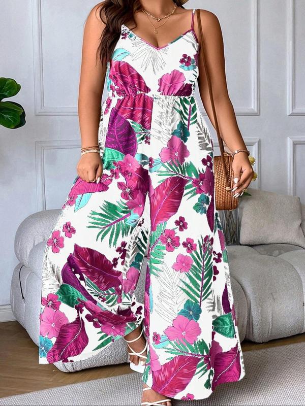 Plus Size Floral Print Cami Jumpsuit, Boho Adjustable Strap Sleeveless Jumpsuit for Beach Holiday Vacation, Women's Clothes for Summer