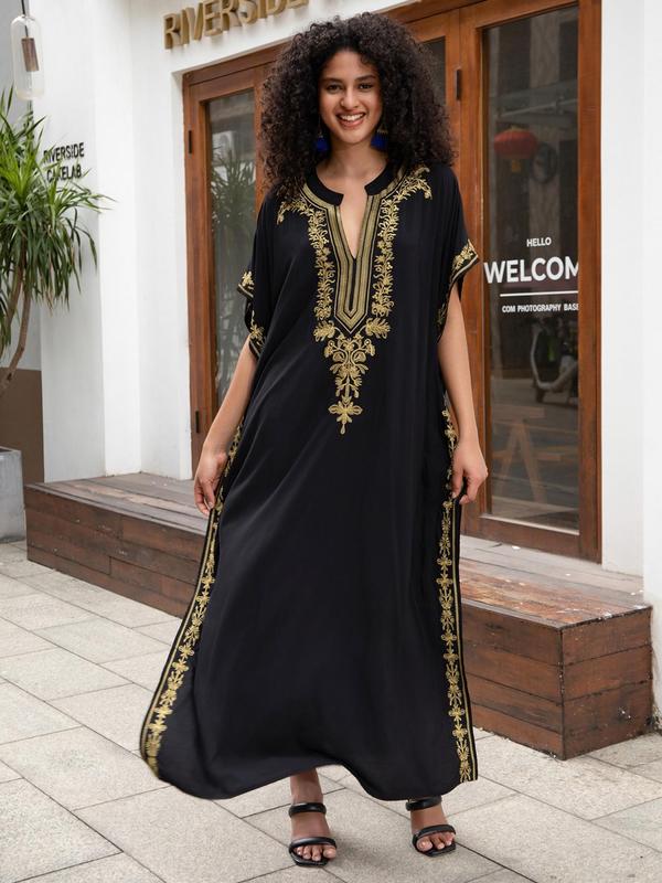 Women's Ethnic Pattern Embroidery Notched Neck Split Hem Kaftan Dress, Casual Batwing Sleeve Long Dress for Daily Wear, Ladies Clothes for All Seasons