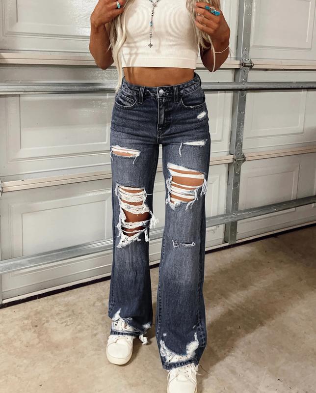 2024 High Quality High Waist Ripped Jeans Loose Bootcut Trousers