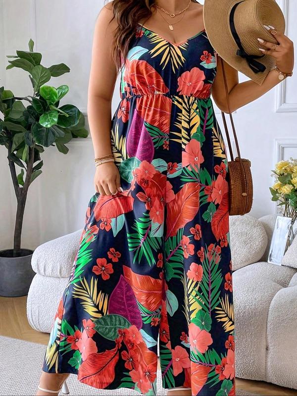 Plus Size Floral Print Cami Jumpsuit, Boho Adjustable Strap Sleeveless Jumpsuit for Beach Holiday Vacation, Women's Clothes for Summer