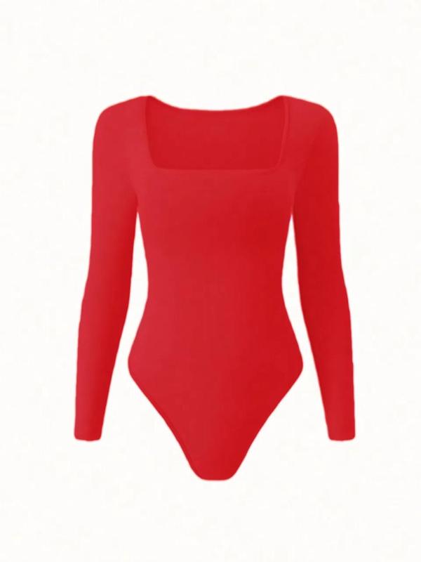 Women's Solid Square Neck Long Sleeve Shapewear Bodysuit, Casual Comfy Tummy Control Shaper, Ladies Shapewear for All Seasons Sh