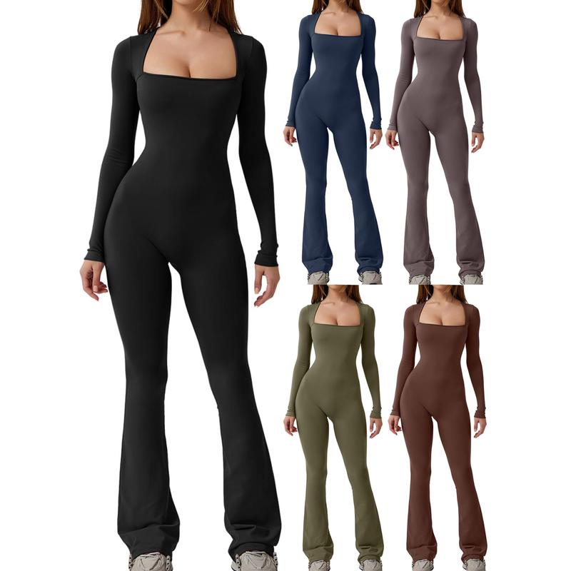 Women Jumpsuit, Long Sleeve Square Neck Solid Slim Fit Ladies Fall Romper Clubwear