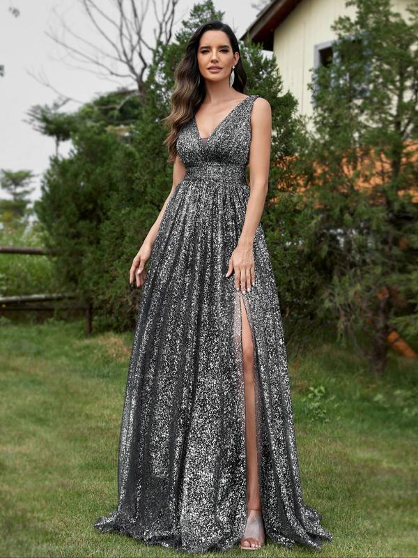 Women's Glitter Backless Split Thigh Maxi Party Dress, Elegant Deep V Neck Sleeveless Evening Gown, Ladies Summer Clothes