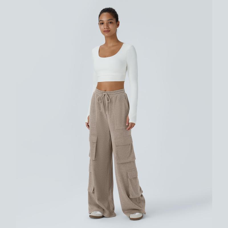 Halara Ribbed Mid Rise Drawstring Multiple Pockets Wide Leg Cargo Casual Pants