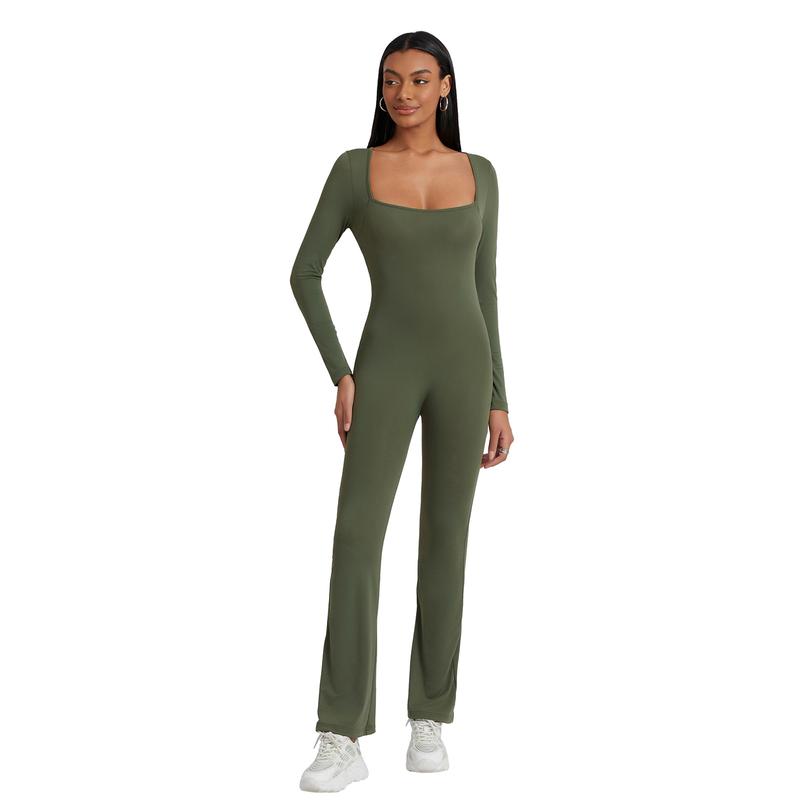 Women Jumpsuit, Long Sleeve Square Neck Solid Slim Fit Ladies Fall Romper Clubwear