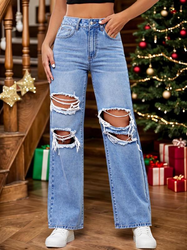 Women's Plain Ripped Button Fly Straight Leg Jeans, Casual Pocket Design Denim Trousers for Daily Wear, Ladies Bottoms for All Seasons