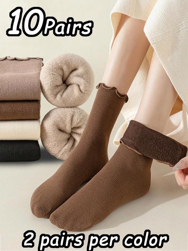 Women's Solid Lettuce Trim Mid-calf Socks, Casual Soft Comfy Warm Socks for Fall & Winter, Women's Socks for Daily Wear