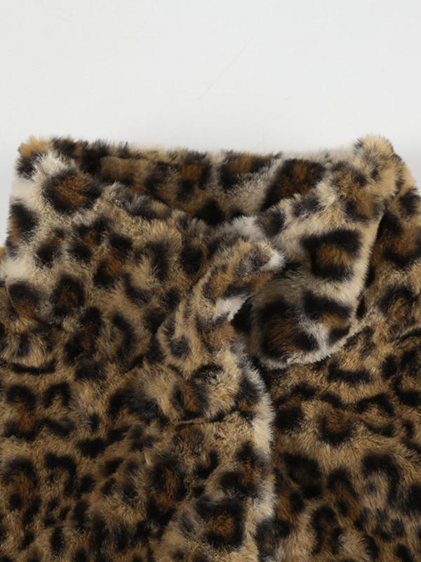 Women's Leopard Print Button Front Fleece Jacket, Street Long Sleeve Collared Fuzzy Outerwear for Fall & Winter, Ladies Clothes for Daily Wear