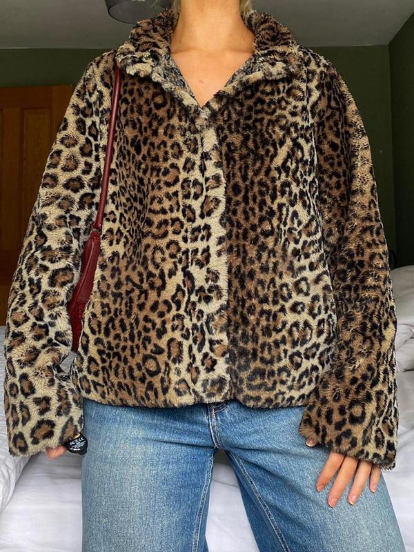 Women's Leopard Print Button Front Fleece Jacket, Street Long Sleeve Collared Fuzzy Outerwear for Fall & Winter, Ladies Clothes for Daily Wear