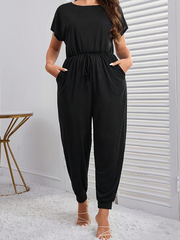 Plus Size Minimalist Basic Plain Pocket Tie Front Short Sleeve Jumpsuit, Plus Casual Batwing Sleeve Keyhole Neckline Jumpsuit for Summer, Women's Plus Clothing for Daily Wear