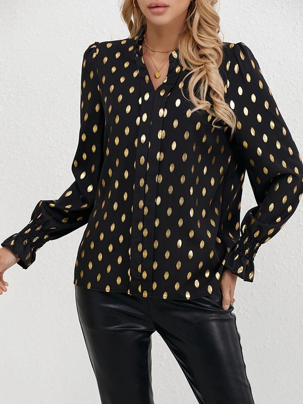 Women's Hot Stamping Print Notched Blouse, Elegant Flounce Sleeve Plicated Top, Ladies Clothes for Work Office Business