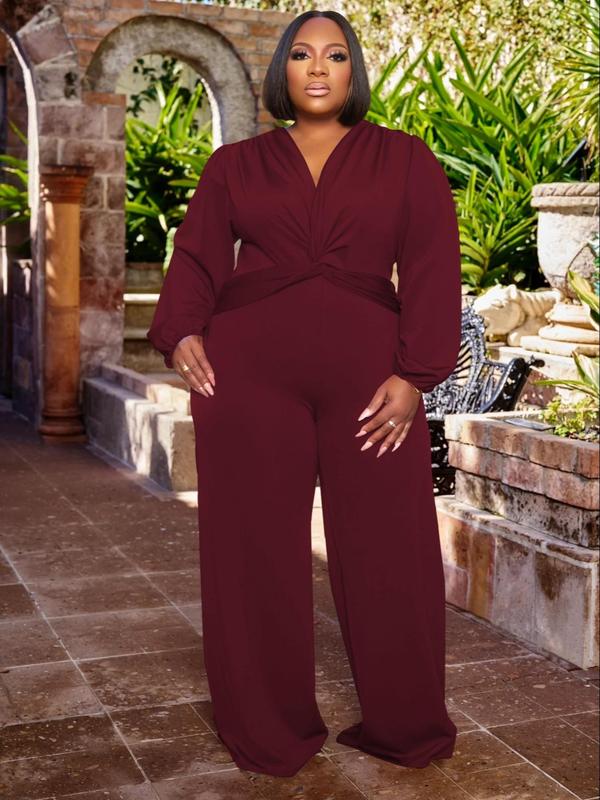  Solid Twist Front Ruched V Neck Wide Leg Jumpsuit, Elegant Bishop Sleeve Jumpsuit for Party Holiday Wedding Guest, Fall Clothing, Jumpsuit for Women, Plus Size Clothing