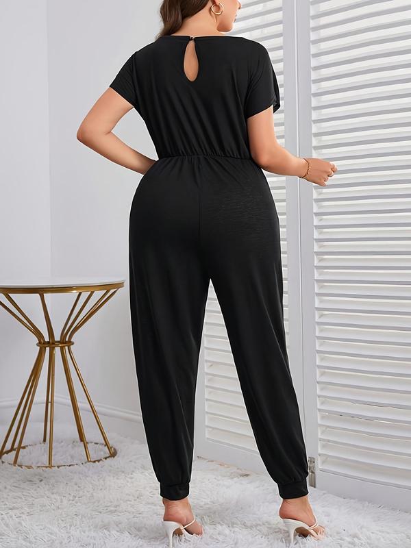 Plus Size Minimalist Basic Plain Pocket Tie Front Short Sleeve Jumpsuit, Plus Casual Batwing Sleeve Keyhole Neckline Jumpsuit for Summer, Women's Plus Clothing for Daily Wear