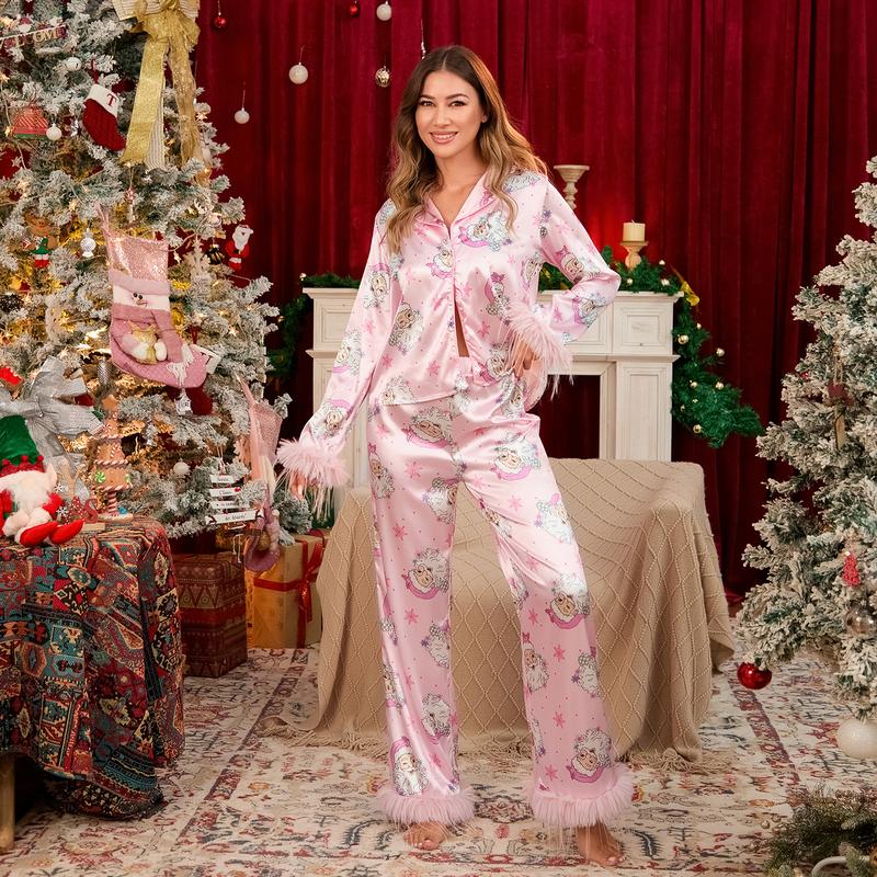 Women Christmas Pajamas Lounge Set Santa Christmas Tree Boots Print Shirts Tops and Pants 2 Piece Loungewear Outfits，Downtown Girl Clothes, Preppy 80s Clothes