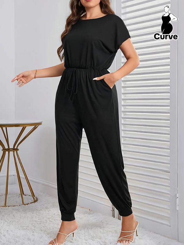 Plus Size Minimalist Basic Plain Pocket Tie Front Short Sleeve Jumpsuit, Plus Casual Batwing Sleeve Keyhole Neckline Jumpsuit for Summer, Women's Plus Clothing for Daily Wear