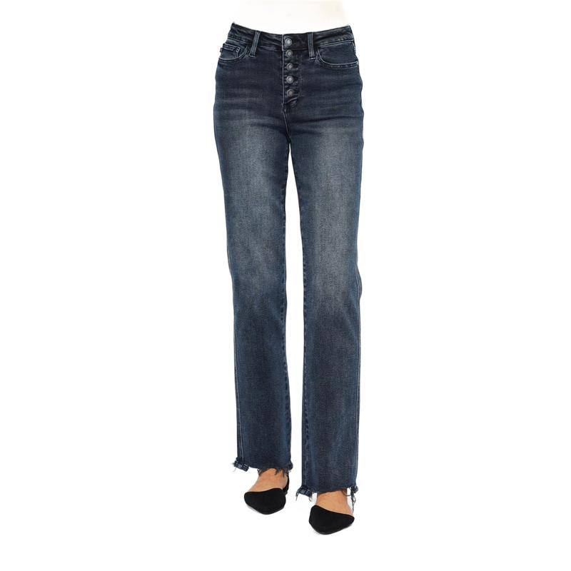 JUDY BLUE HI WAIST BUTTON FLY HEM DESTROY STRAIGHT JEANS