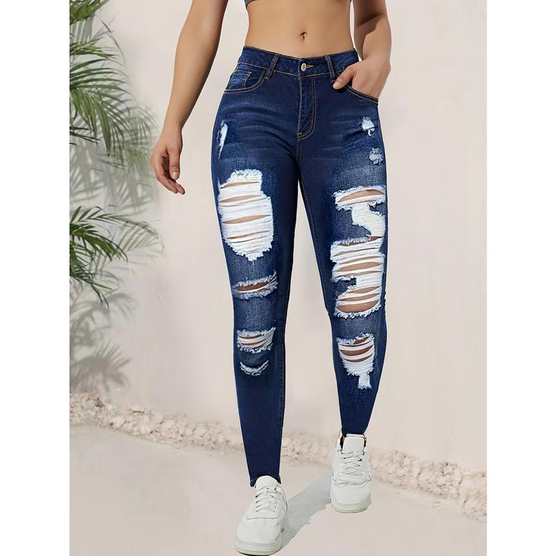 Womens Ripped High-Waisted Skinny Jeans - Super Stretch Denim, Distressed Detail, Slim Fit, Trendy Street Style - Ultimate Comfort for Fashion-Forward Ladies