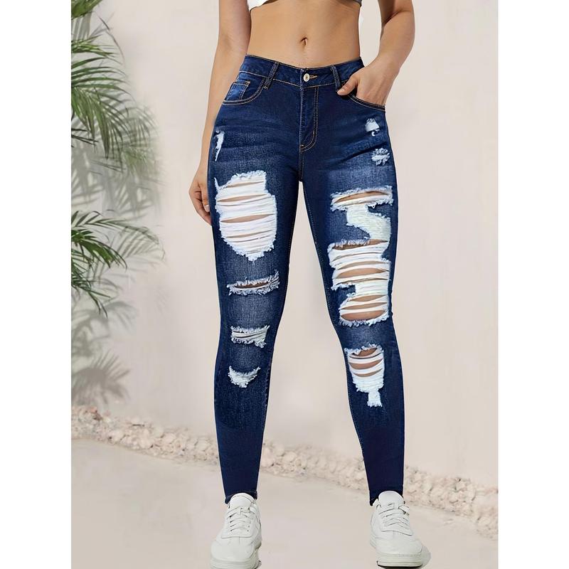 Womens Ripped High-Waisted Skinny Jeans - Super Stretch Denim, Distressed Detail, Slim Fit, Trendy Street Style - Ultimate Comfort for Fashion-Forward Ladies