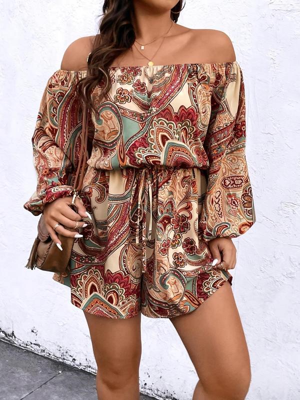 Women's Plus Size Ethnic Pattern Off Shoulder Drawstring Romper, Boho Casual Bishop Sleeve Romper for Summer, Women's Clothes for Daily Wear