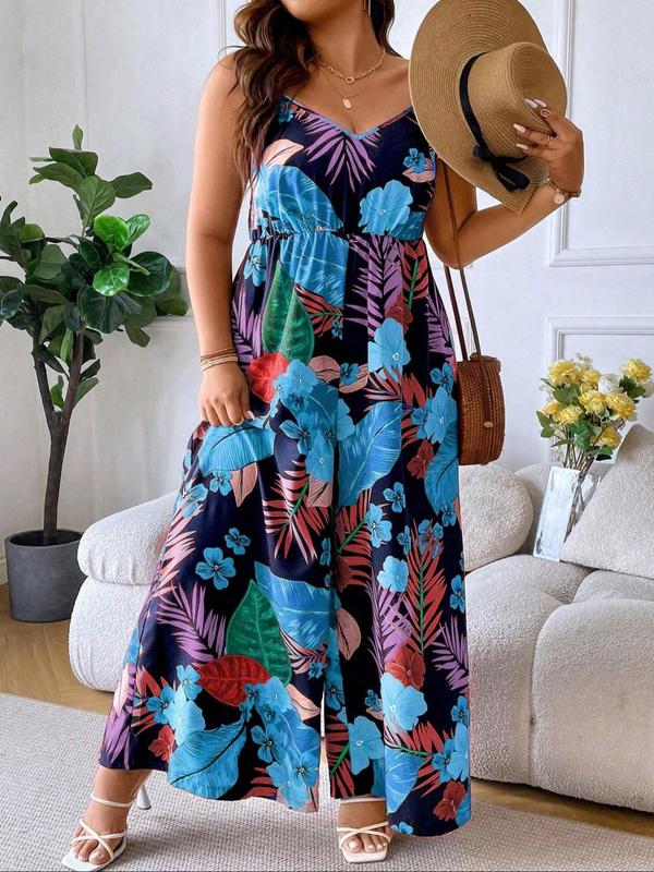 Plus Size Floral Print Cami Jumpsuit, Boho Adjustable Strap Sleeveless Jumpsuit for Beach Holiday Vacation, Women's Clothes for Summer