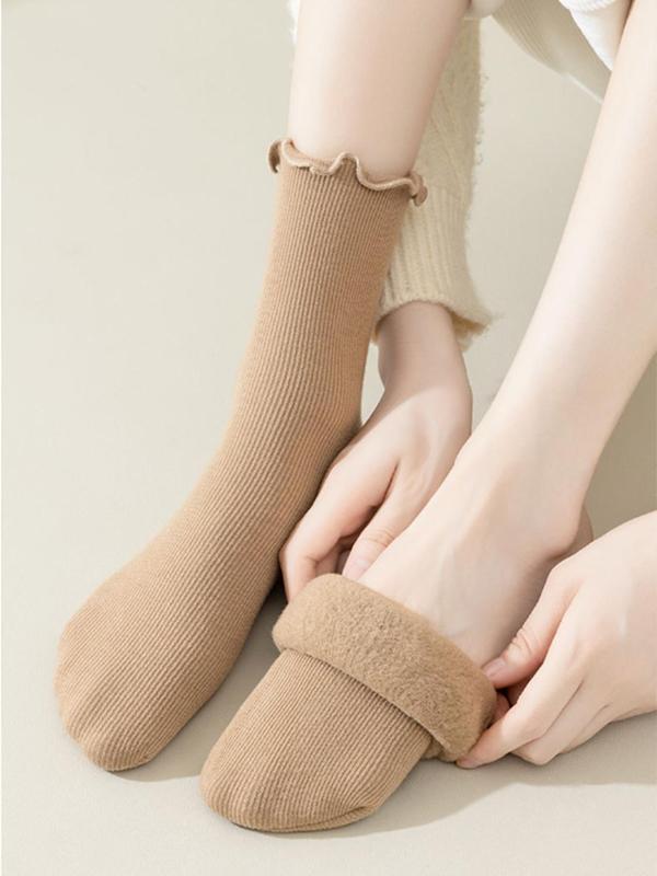 Women's Solid Lettuce Trim Mid-calf Socks, Casual Soft Comfy Warm Socks for Fall & Winter, Women's Socks for Daily Wear