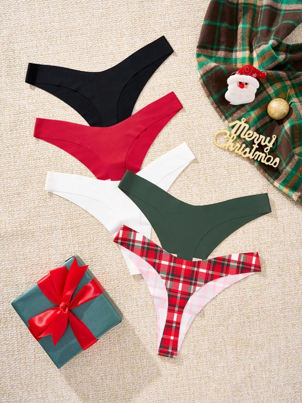 Women's Plain Plaid Print V-Waist Thong, Casual Comfy Breathable Quick Drying Panty for Christmas Daily Wear, Ladies Underwear for All Seasons