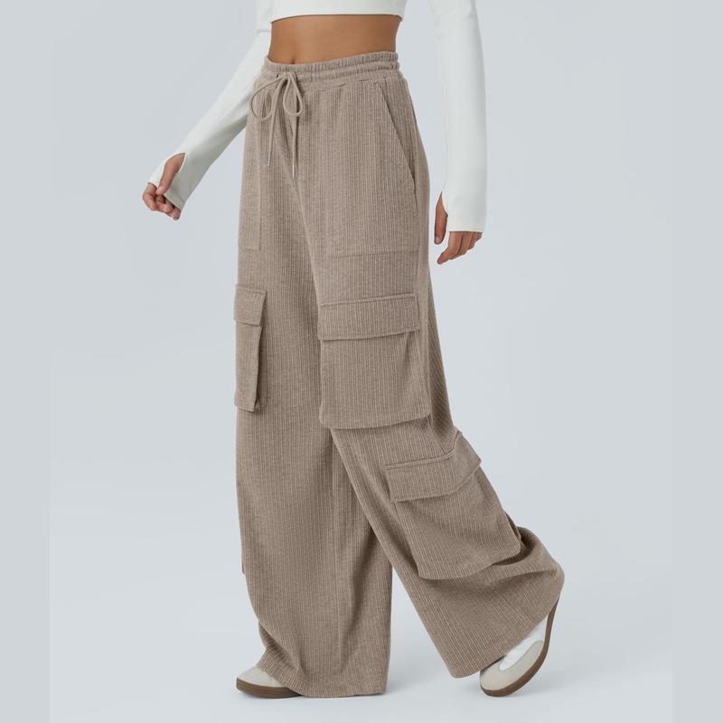 Halara Ribbed Mid Rise Drawstring Multiple Pockets Wide Leg Cargo Casual Pants