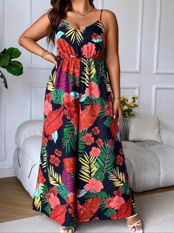 Plus Size Floral Print Cami Jumpsuit, Boho Adjustable Strap Sleeveless Jumpsuit for Beach Holiday Vacation, Women's Clothes for Summer