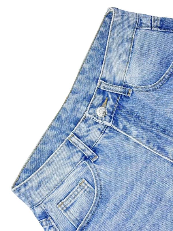 Women's Plain Ripped Button Fly Straight Leg Jeans, Casual Pocket Design Denim Trousers for Daily Wear, Ladies Bottoms for All Seasons