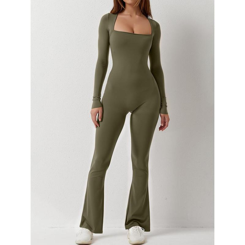 Women Jumpsuit, Long Sleeve Square Neck Solid Slim Fit Ladies Fall Romper Clubwear