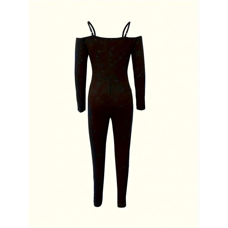 Women's Sexy One-Piece Long Sleeve Sequined Tight Jumpsuit