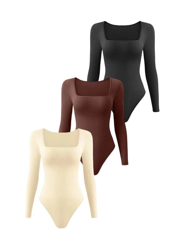 Women's Solid Square Neck Long Sleeve Shapewear Bodysuit, Casual Comfy Tummy Control Shaper, Ladies Shapewear for All Seasons Sh