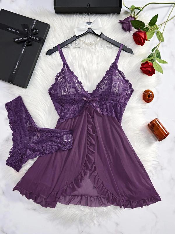 Women's Contrast Lace Ruffle Trim Wrap Cami Nightdress & Bow Front Panty Set, Adjustable Spaghetti Strap Backless Nightgown & Knicker Set, Underwear for Women