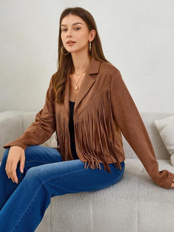 YOZY Women's Solid Fringe Trim Lapel Neck Jacket, Casual Long Sleeve Outerwear for Fall & Winter, Ladies Clothes for Daily Wear