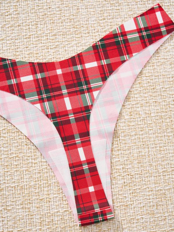 Women's Plain Plaid Print V-Waist Thong, Casual Comfy Breathable Quick Drying Panty for Christmas Daily Wear, Ladies Underwear for All Seasons