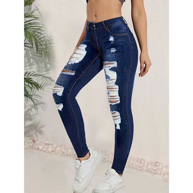 Womens Ripped High-Waisted Skinny Jeans - Super Stretch Denim, Distressed Detail, Slim Fit, Trendy Street Style - Ultimate Comfort for Fashion-Forward Ladies