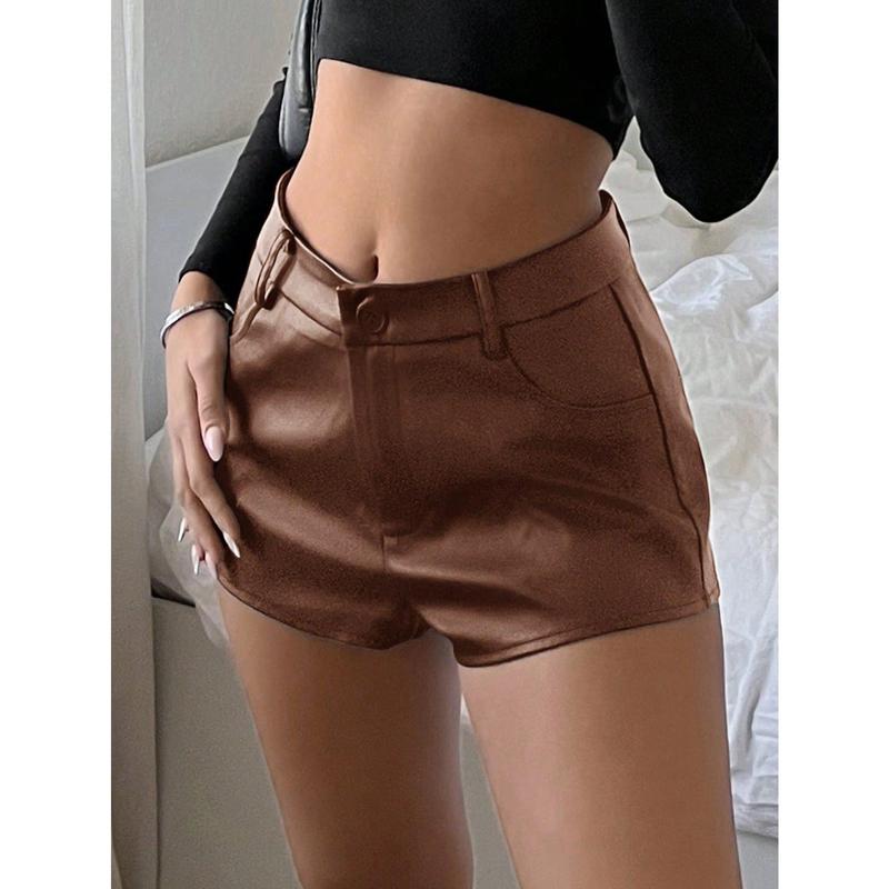 URESHE EZwear PU Leather Solid Color Zipper High-Waist Short