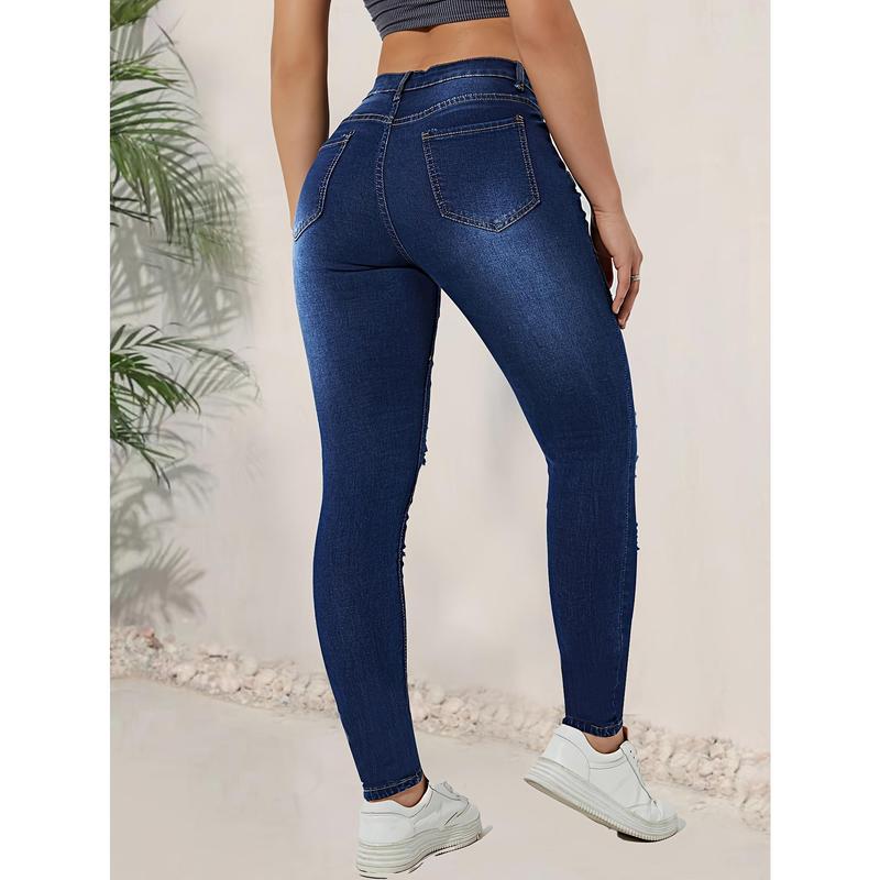 Womens Ripped High-Waisted Skinny Jeans - Super Stretch Denim, Distressed Detail, Slim Fit, Trendy Street Style - Ultimate Comfort for Fashion-Forward Ladies