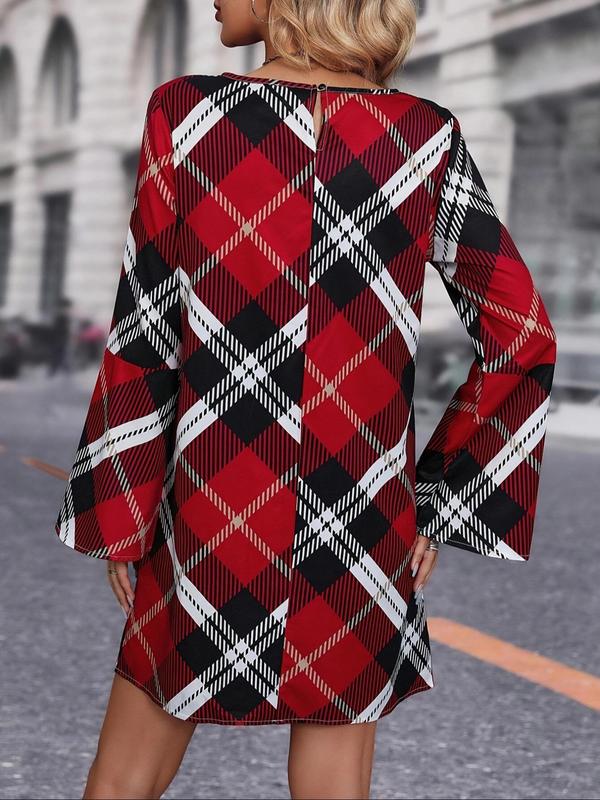 Women's Plaid Print Drop Shoulder Tunic Dress, Elegant Long Sleeve Round Neck Short Dress for Spring & Fall, Women's Clothing for Daily Wear