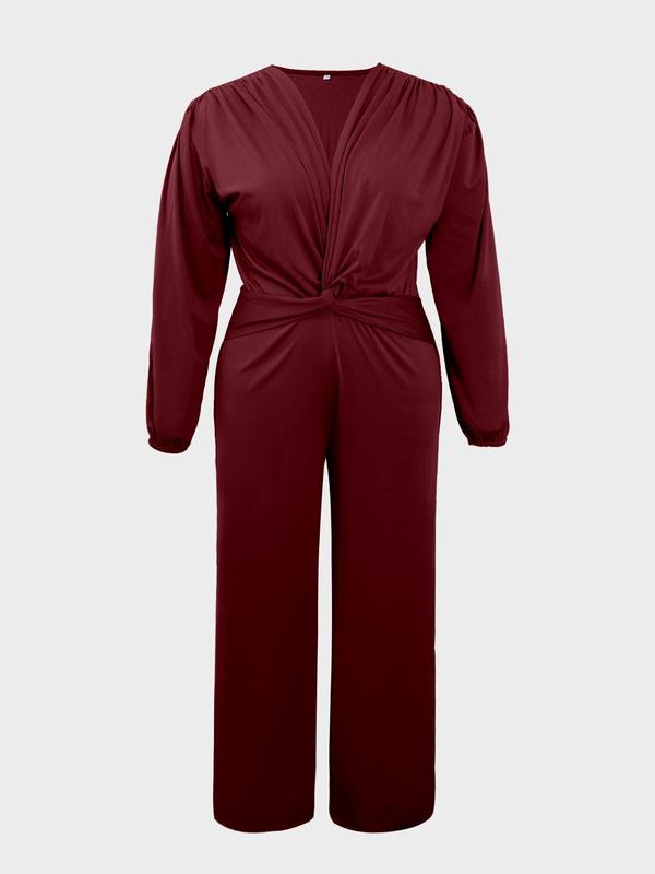  Solid Twist Front Ruched V Neck Wide Leg Jumpsuit, Elegant Bishop Sleeve Jumpsuit for Party Holiday Wedding Guest, Fall Clothing, Jumpsuit for Women, Plus Size Clothing