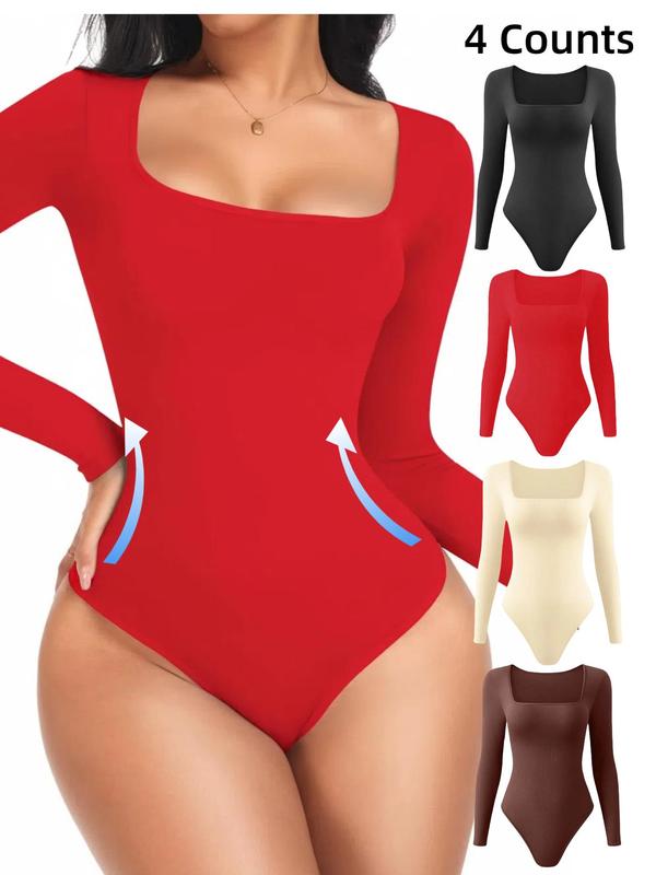 Women's Solid Square Neck Long Sleeve Shapewear Bodysuit, Casual Comfy Tummy Control Shaper, Ladies Shapewear for All Seasons Sh