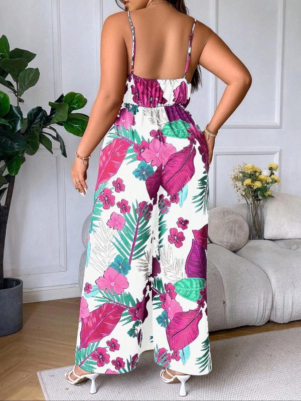 Plus Size Floral Print Cami Jumpsuit, Boho Adjustable Strap Sleeveless Jumpsuit for Beach Holiday Vacation, Women's Clothes for Summer