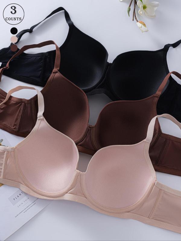  Solid Color Underwire Bra, Comfortable Breathable Adjustable Strap Bra, Women's Lingerie for All Seasons
