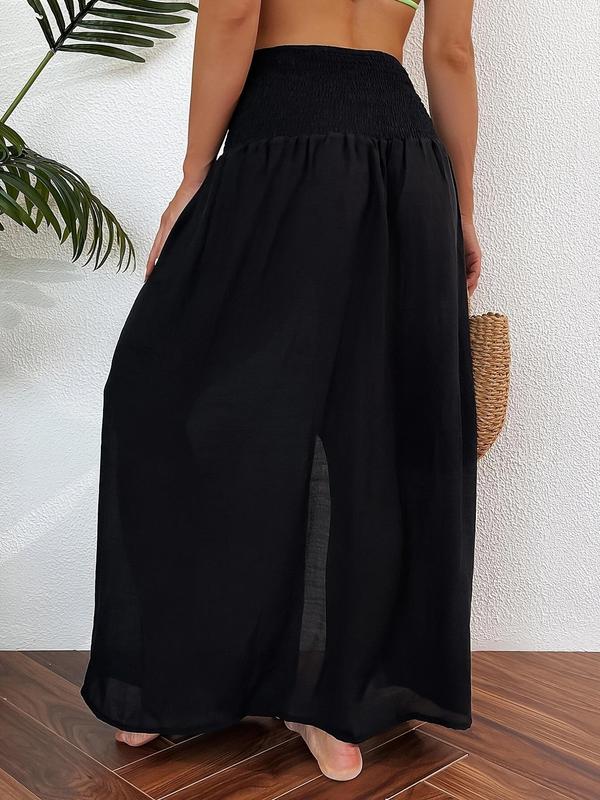 Women's Shirred Elastic High Waist Split Thigh Long Skirt, Skirts for Women, Summer Clothes Women, Beach Vacation Holiday Cover Up Skirts, Summer Clothes Bottoms