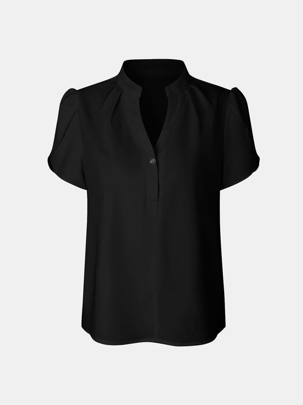 YOZY [2 colors] Notched Neck Blouse  Elegant Plain Petal Sleeve Button Front Top, 2024 Women's Work Office Business Wear for Spring & Summer