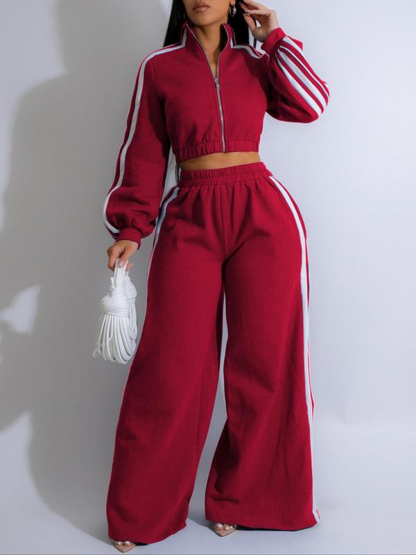 Women's Solid Zip Up Crop Jacket & Wide Leg Pants Two-piece Set, Casual Funnel Neck Long Sleeve Top & Elastic Waist Trousers for Daily Wear, Ladies Two-piece Outfits for All Seasons