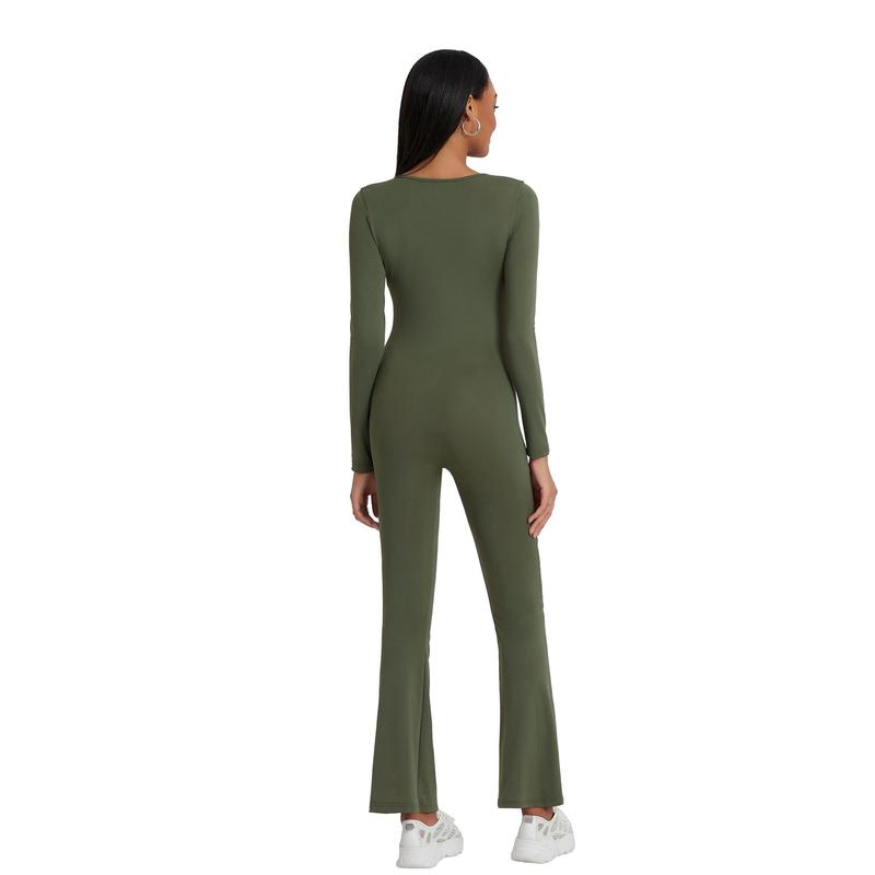 Women Jumpsuit, Long Sleeve Square Neck Solid Slim Fit Ladies Fall Romper Clubwear