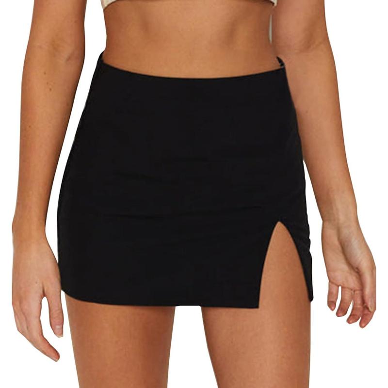 Women's Black Mini Skirts High Waist High Slit Sexy Stretch Fitted Bodycon Mini Skirt Womenswear Bottom Slim Underwear