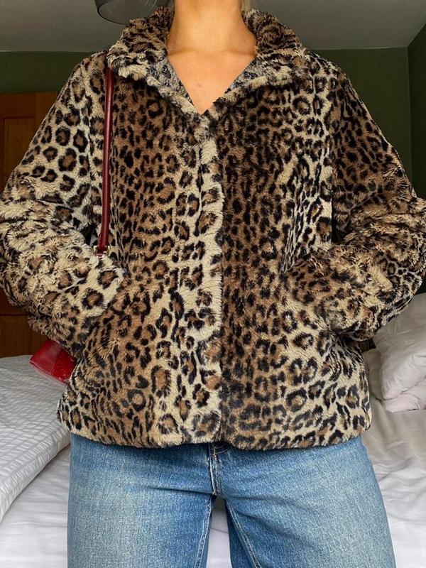 Women's Leopard Print Button Front Fleece Jacket, Street Long Sleeve Collared Fuzzy Outerwear for Fall & Winter, Ladies Clothes for Daily Wear